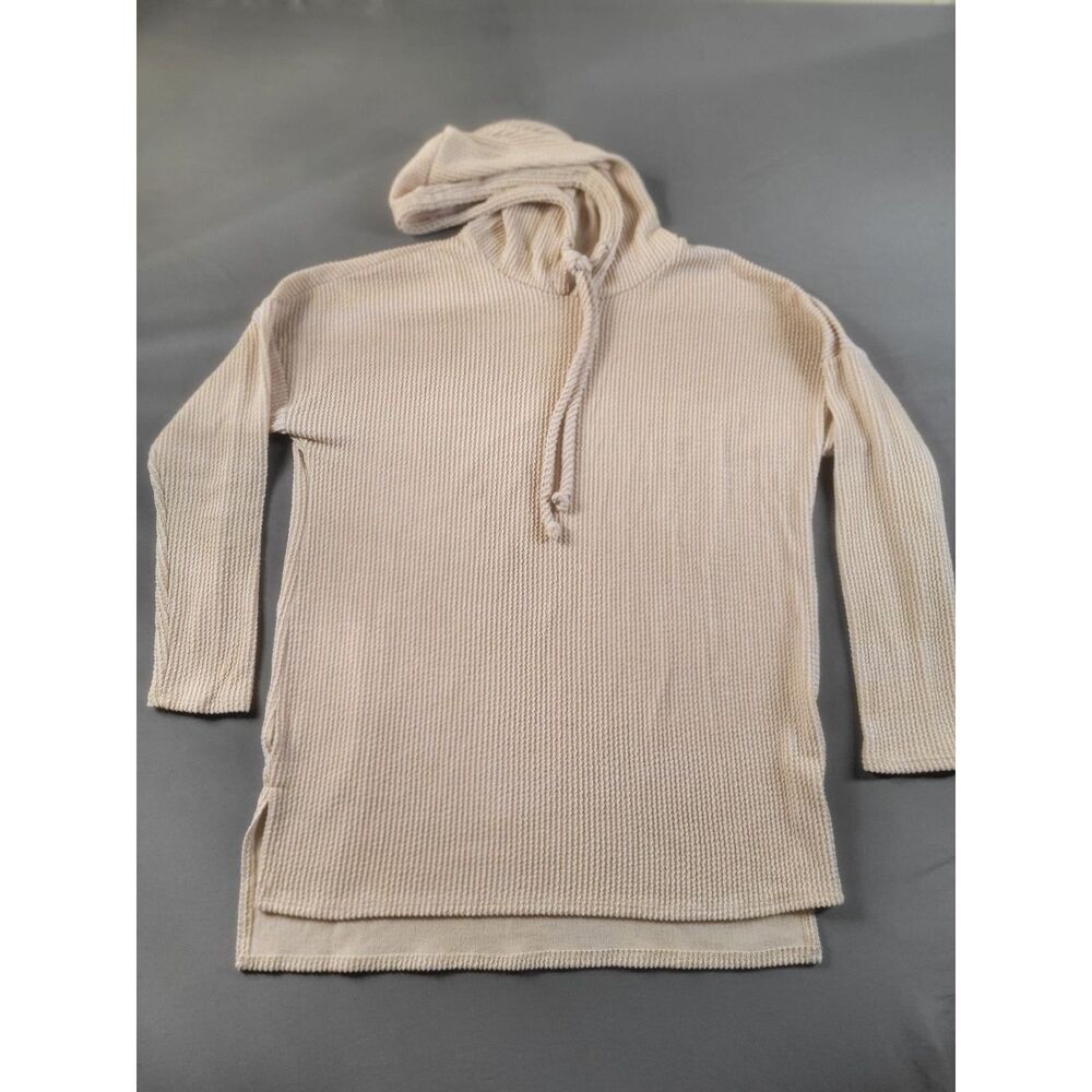 P.S. Kate Beige Waffle Knit Hooded Sweater Tunic Drawstring Split Hem Medium